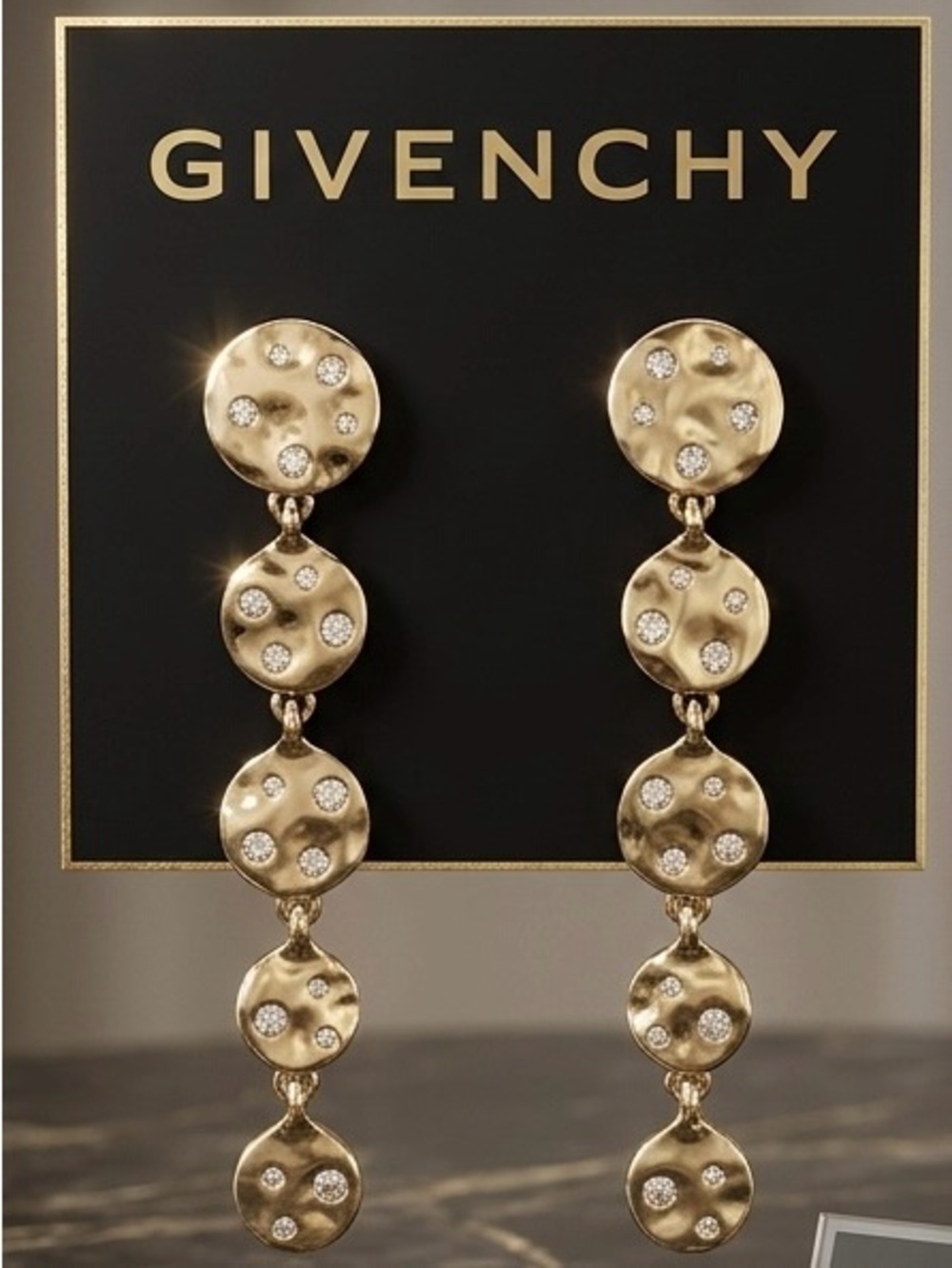 NWT Givenchy Gold Tone Crystal Hammered Disc Drop Earrings